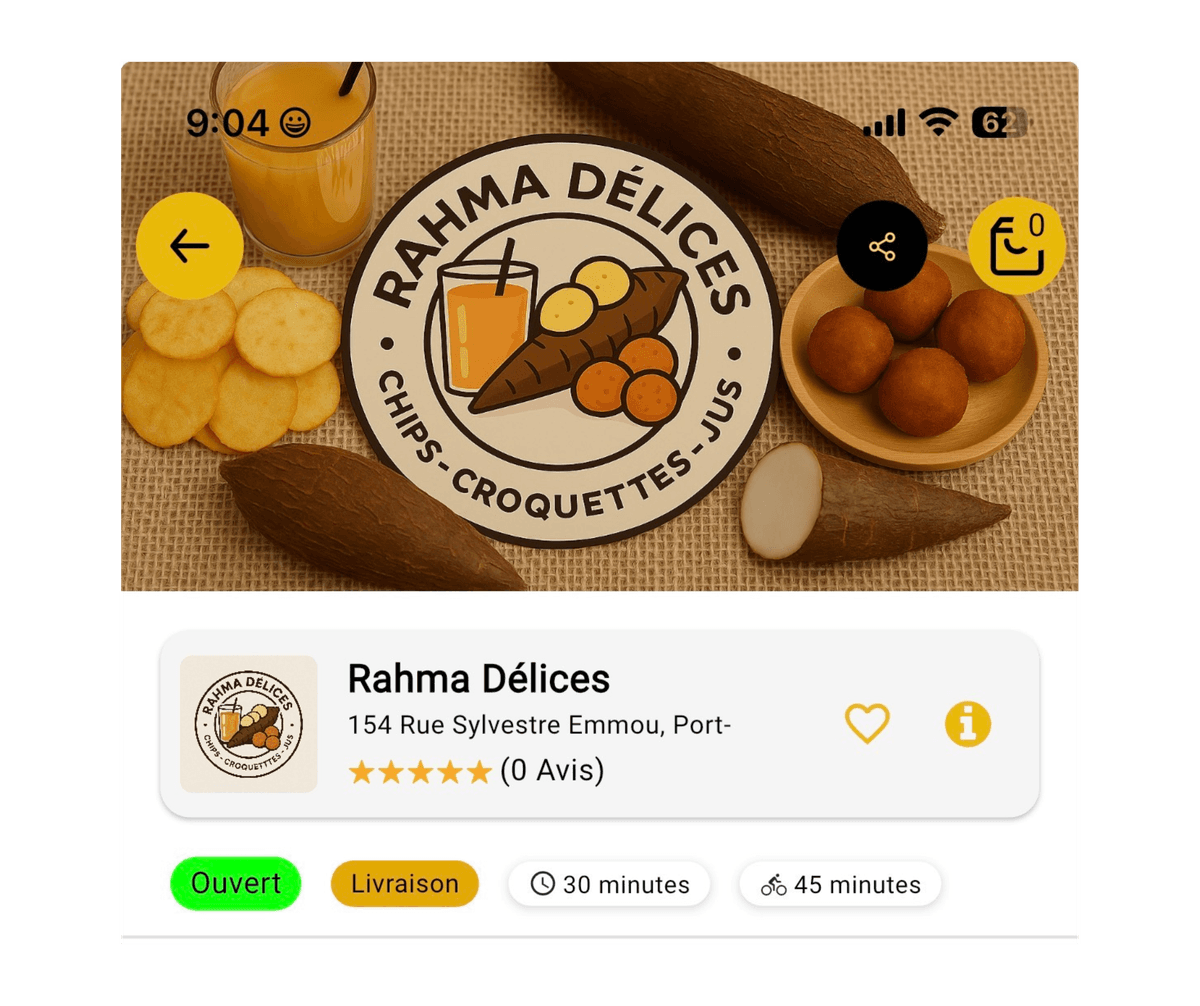 Rahma Delices storefront showing chips, croquettes, and juice.