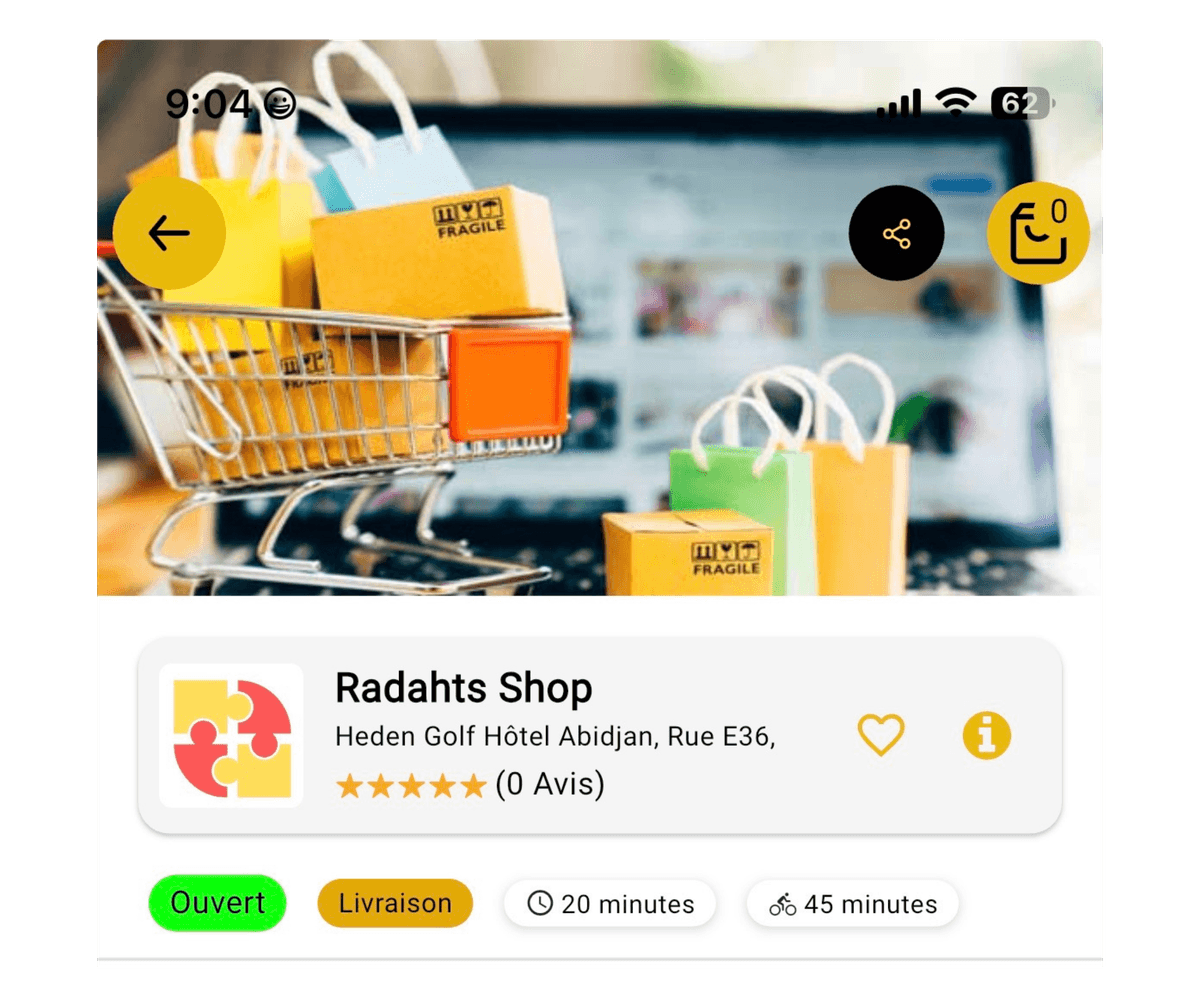 The Radahts Shop partner storefront showing a shopping cart.