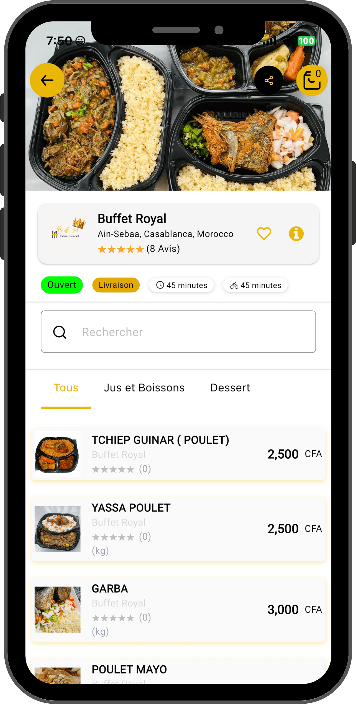 Capture d'écran de l'application montrant une liste de restaurants.